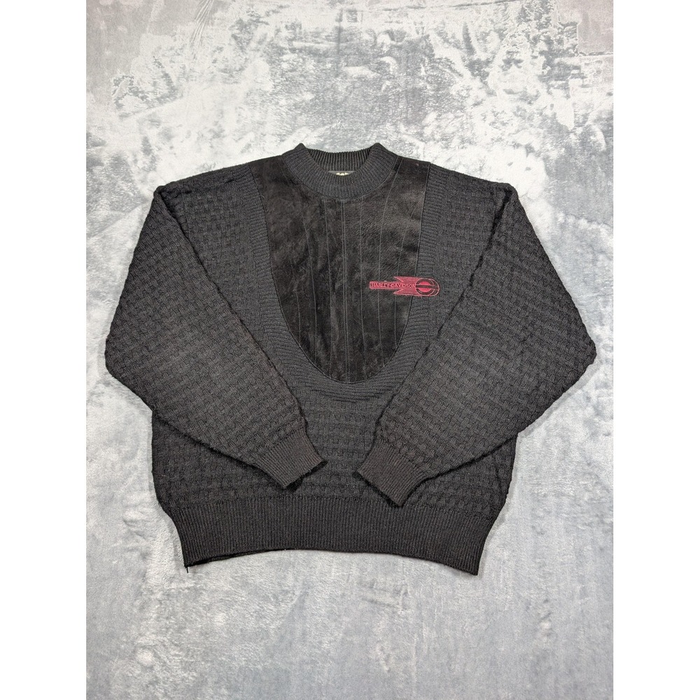 Vintage Harley-Davidson Sweater Mens XL Black Knit Leather Trim Crewneck 90s